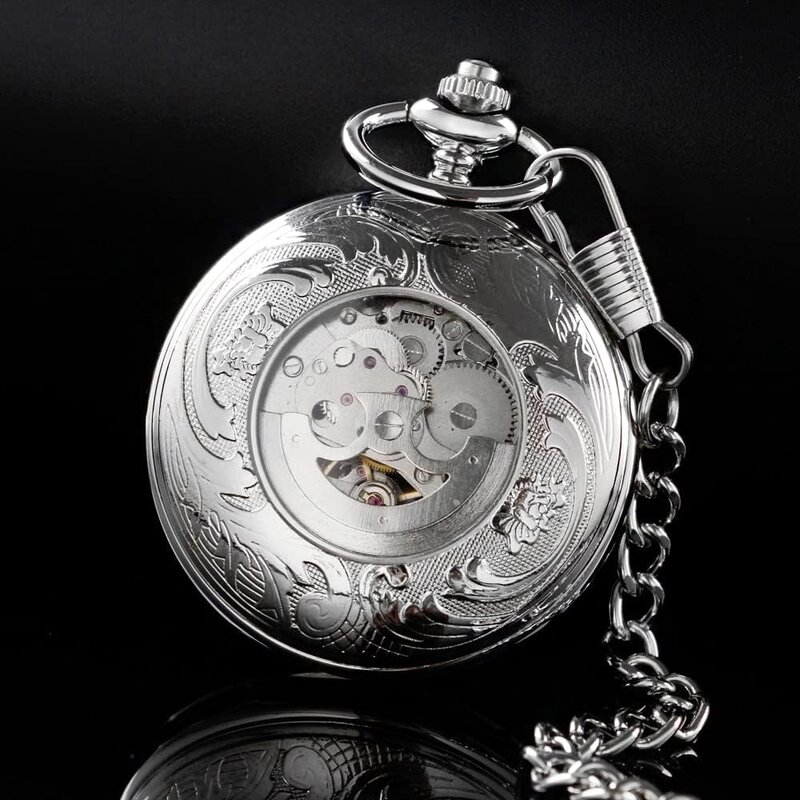 Steampunk  Pocket Watch Skeleton Mechanical Hand Winding Half Hunter Silver Black Golden Case Roman Numerals reloj hombre