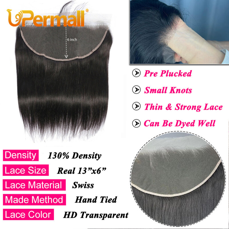 Upermall-Peluca de cabello humano liso de 13x6, postizo de encaje Frontal, predesplumado, suizo, HD, transparente, Frontal completo, solo negro Natural, 100% Remy