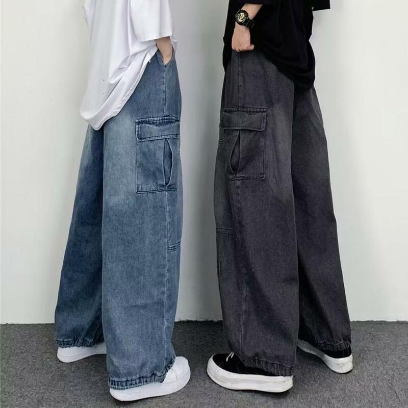 Calças de perna larga masculina estilo japonês com bolsos grandes, calças jeans grandes, moda streetwear confortável, jeans da moda