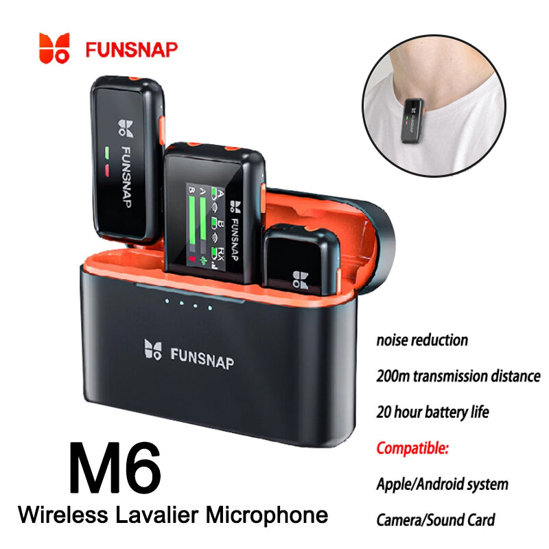 Funsnap M6 Wireless Lavalier Microphone 200M Noise Reduction Mic with Charging Case Outdoor Radio Microphone for Vlog Interview
