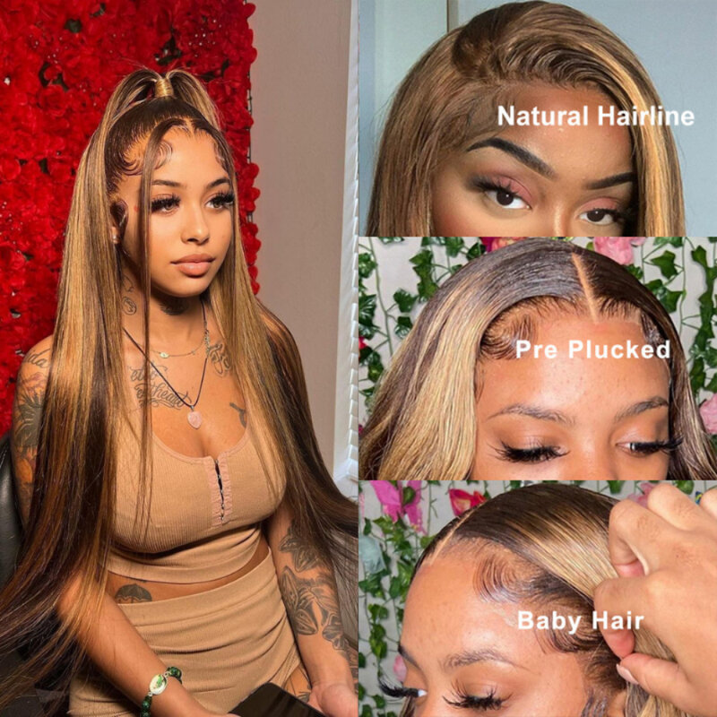 Highlight Straight Lace Front Human Hair Wig For Women Lace Closure Wig Pre Plucked Honey Blonde Colored Lace Frontal Wigs
