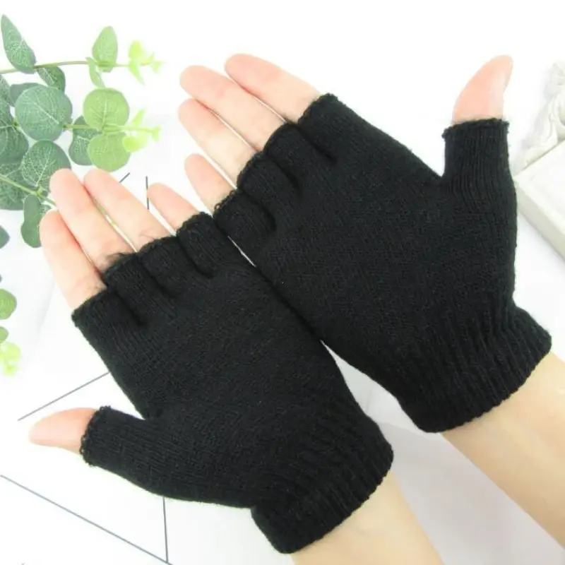 New Men Black Knitted Fingerless Gloves Autumn Winter Outdoor Stretch Elastic Warm Half Finger Cycling Gloves