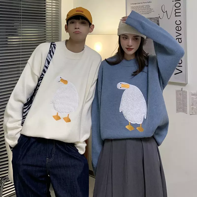 Suéter de punto de gran tamaño Harajuku para hombre, bordado de ganso y pato de dibujos animados, moda japonesa, cuello redondo, ropa de calle Unisex para pareja
