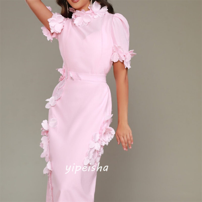 Yipeisha Classic Modern Style Formal Evening High collar A-line Flowers Satin Bespoke Occasion Dresses