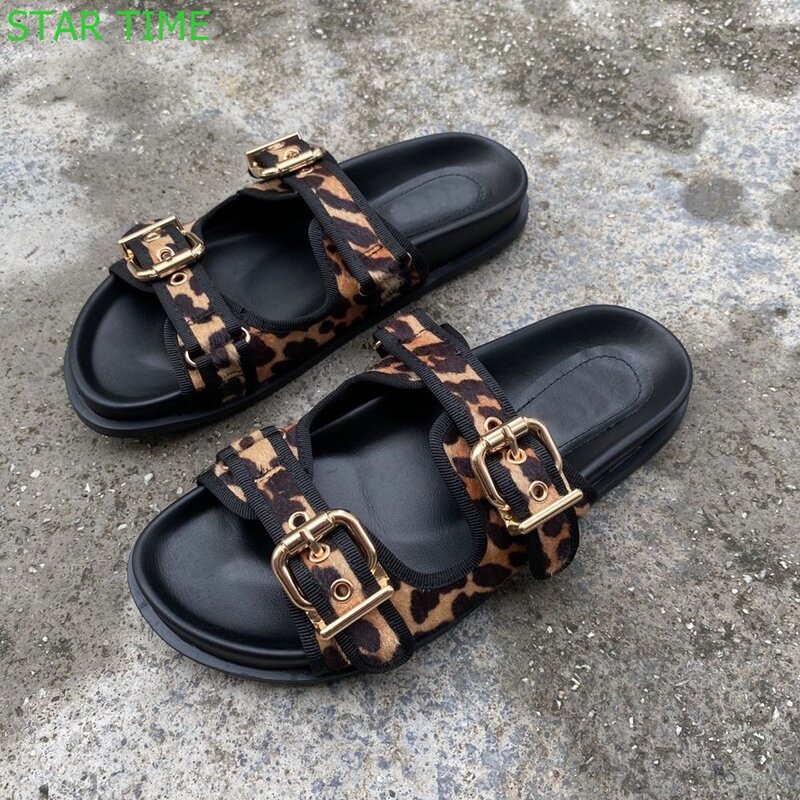 Black Leopard Print Casual Slippers Summer Fashion Thick-Soled Sandals Metal Belt Buckle Versatile Ladies Outside Beach Slides