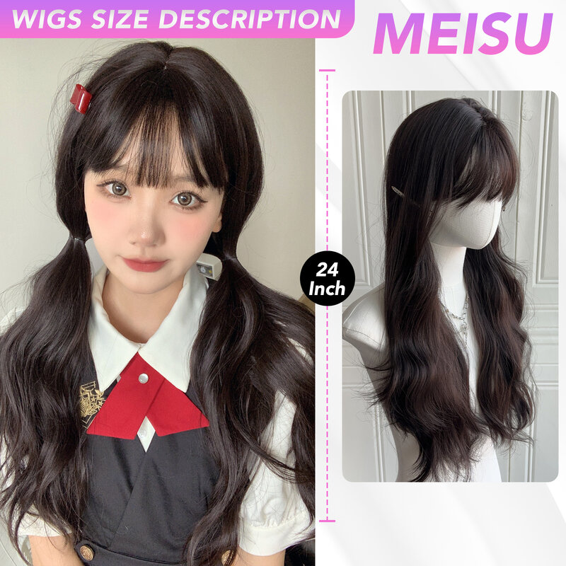 Meisu-女性用エアフリンジ付きブラウンカーリーウィッグ、合成繊維、耐熱性、天然パーティーまたは自撮り、24インチ