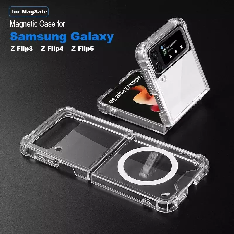 Coque transparente magnétique pour Samsung Galaxy Z Flip5 Z Flip4 5G, étui de téléphone pliable en acrylique dur, étuis Magsafe pour Galaxy Z Flip 3