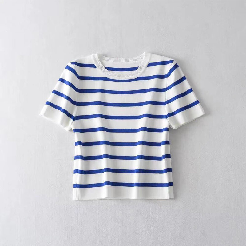 Women Fashion Striped Basic Cropped Knit Sweater Vintage O Neck Short Sleeve Female Pullovers Chic Tops