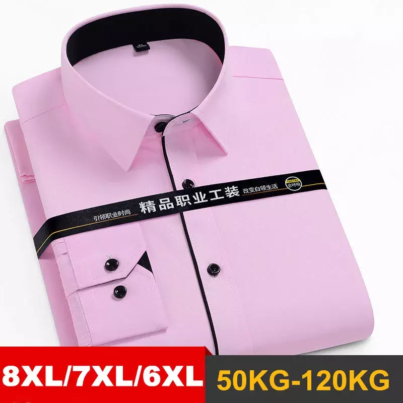 Plus Size8XL Mens Shirt Long Sleeve Slim Fit Solid Striped Male Business Dress White Formal Social Masculina Shirts Men Clothing