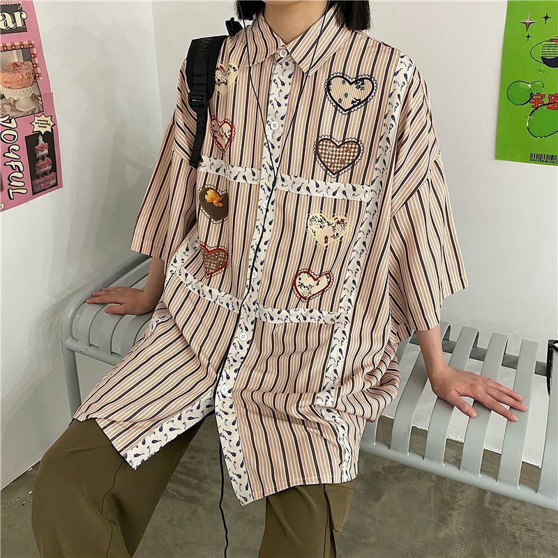 Tunica moda coreana Retro Love Stripe stampata Top Shirt moda donna maglioni 2024 camicie Oversize donna estate Top