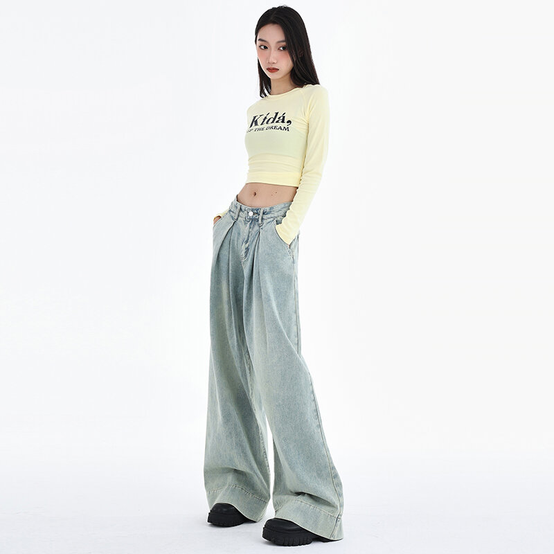 Женские джинсы с завышенной талией, новые корейские модные винтажные джинсы с широкими штанинами, Повседневная Уличная одежда, прямые брюки из денима Y2k, 2024