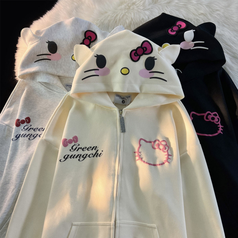 Sanurgente-Pull à capuche surdimensionné Hello Kitty pour femme, cardigan mignon, sweat à capuche Kawaii Lolita, pull japonais Yk2, 343