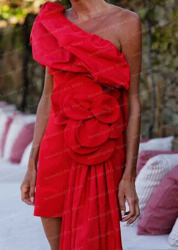 Mini vestido de cetim fosco vermelho, vestidos de festa com um ombro, vestido de coquetel chique, flores personalizadas, nova moda, sempre bonita, 2024