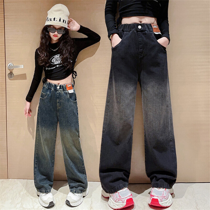 Girls' spring and Autumn jeans 2024 new Korean version of children with gradient color wide-leg pants 6-15 years old
