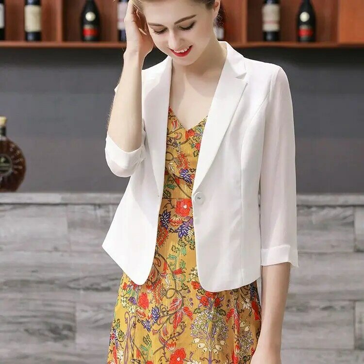 New Women Korean Slim Fashion Suit Thin Chiffon Short Single Button Lady Office Small Suit Jacket Tops OL Professional Suit B14