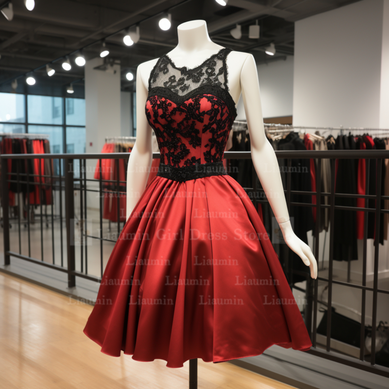 Vermelho e preto Lace Edge Applique, Curto Comprimento Lace Up Vestido de Noite, Elagant Dress, Feito à Mão, Personalizado, W1-2