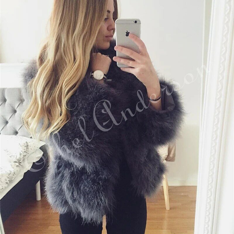 New Season's 100% Fluffy Feather Fever Fur Jackets Handmade Knitted Genuine Ostrich Fur Coat Women Retail Natural Fur Jacket