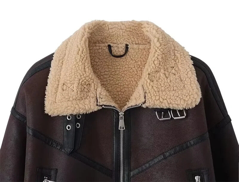 LINXIQIN-Chaqueta gruesa y cálida de piel de oveja sintética para mujer, abrigo Vintage de manga larga con dobladillo y cinturón, prendas de vestir exteriores, Tops elegantes, moda de otoño