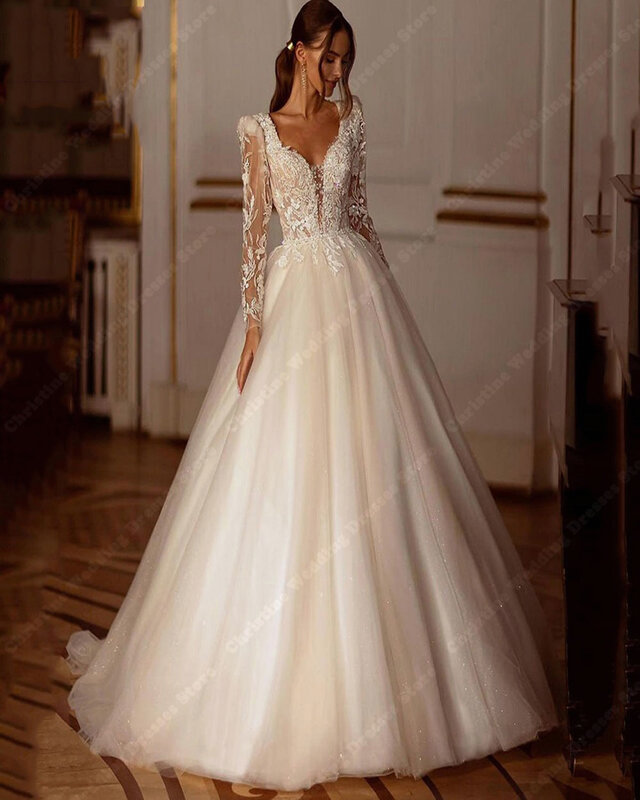 Koronkowa aplikacja suknie ślubne z pełnym rękawem eleganckie suknie ślubne o linii A wykonane na zamówienie klasyczne koronki mały pociąg Vestido De Noiva