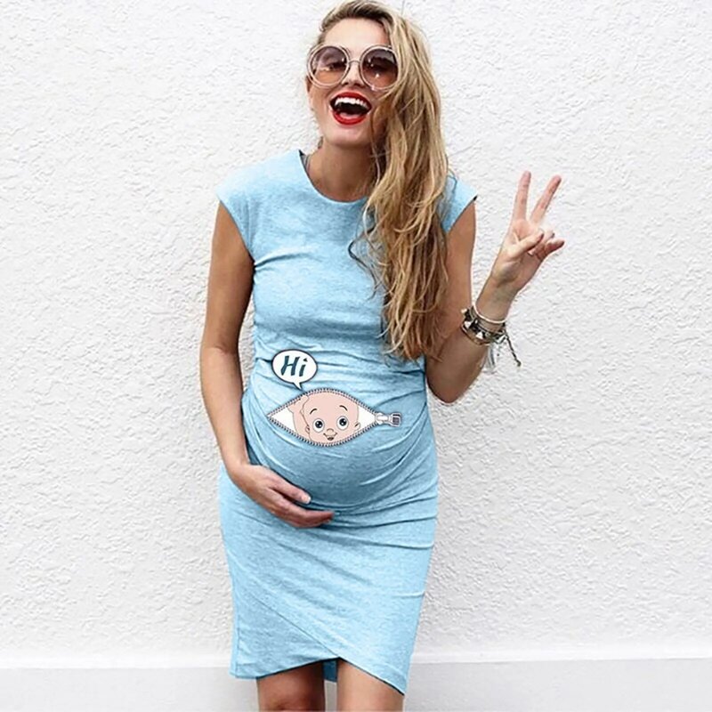 Gaun hamil musim panas wanita hamil tanpa lengan leher kru pola kartun gaun Tank ketat hamil gaun Baby shower