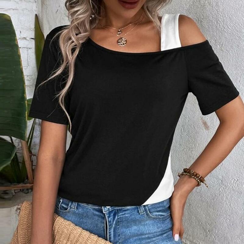Women Off-shoulder Top Stylish Off-shoulder Skew Collar Tee Tops for Women Streetwear Fashion with Patchwork Color Loose Fit