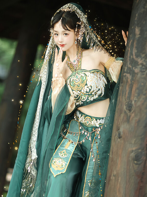 Guo Huang 플라잉 프린세스 걸, 이국적인 스타일, 한푸 댄스 코스튬, 자수 녹색 6 개 세트, 고대 중국 코스튬