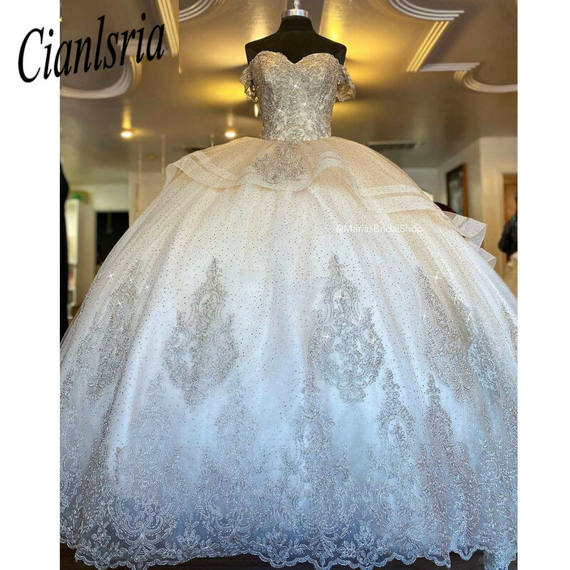 Champagne Sparkly Crystal Ruffles Quinceanera Dress Ball Gown Off The Shoulder Appliques Lace Corset Vestido De 15 Anos