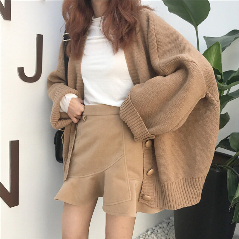 Ciepły damski płaszcz Oversized swetry jesienny zimowe bluzki koreański nowy luźny dekolt w szpic Pull Femme Plus Size kurtka sweter dziergany krótka