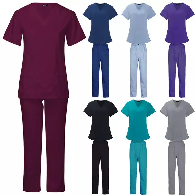 Set di scrub Unisex sottili estivi per uomo donna salone di bellezza infermiera Scrubs Suit Lab Spa uniformi scollo a v Pet Grooming abbigliamento da lavoro