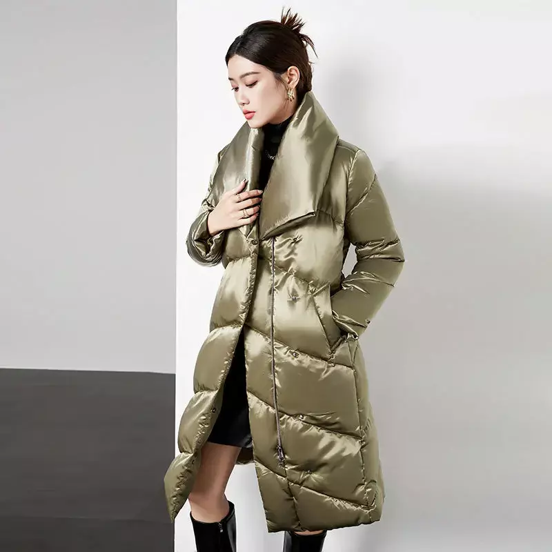 Jaket panjang Midi untuk wanita, mantel hangat, bebek bawah 90%, kerah lipat, renda pinggang, kain cerah, musim dingin