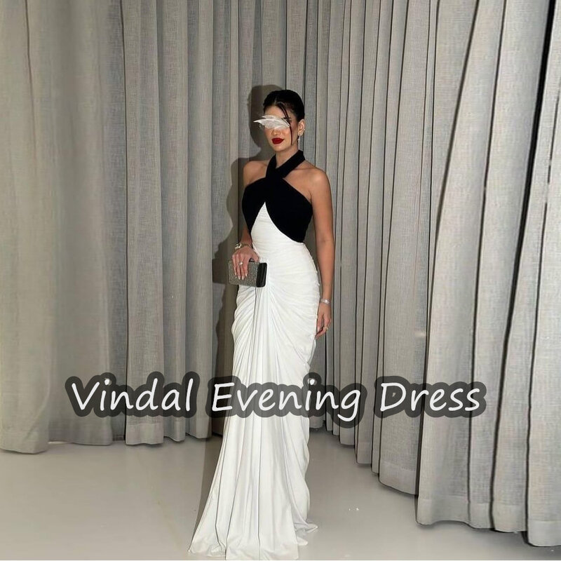 Vindal Ruffle Halter Floor Length Evening Dresses Mermaid Crepe Elegant Built-in Bra Saudi Arabia  Sleeveless For Woman 2024