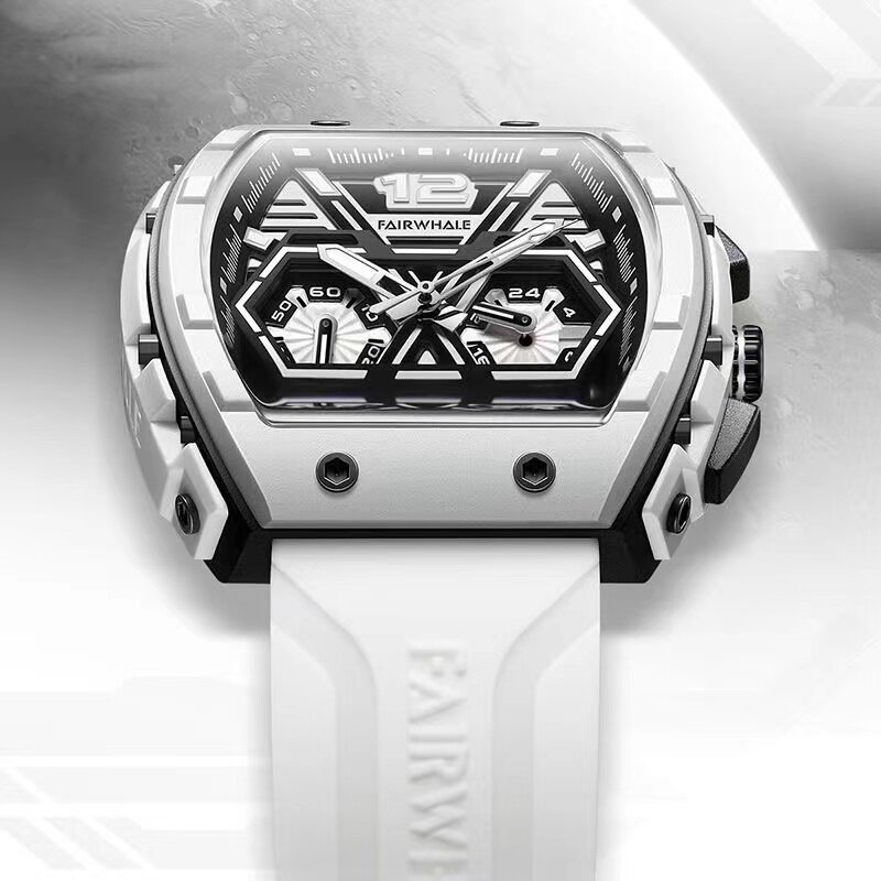 Jam tangan Resin olahraga pria, arloji tali silikon putih kasual tahan air Quartz bercahaya hadiah untuk lelaki