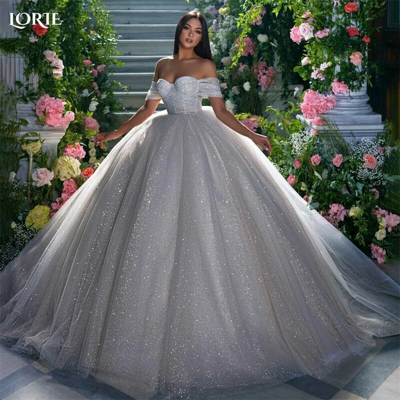 LORIE Glitter Tulle Wedding Dresses Off Shoulder Shiny Puffy Pleated Prom Bridal Gowns Sparkly Ball Pageant 2022 Bride Dress