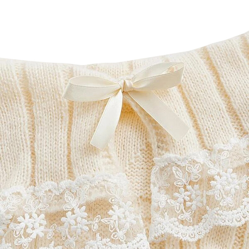 Women Off Shoulder Knit Sweater Solid Color Sweet Pullovers Long Sleeve Bow Lace Patchwork Cute Jumpers Club Streetwear Y2k
