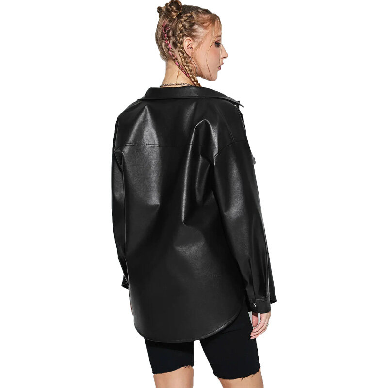 Куртка YEAE женская из ПУ кожи, Модный повседневный пиджак с отложным воротником, свободная Однотонная рубашка, стильная летная куртка для девушек, черный цвет, на весну