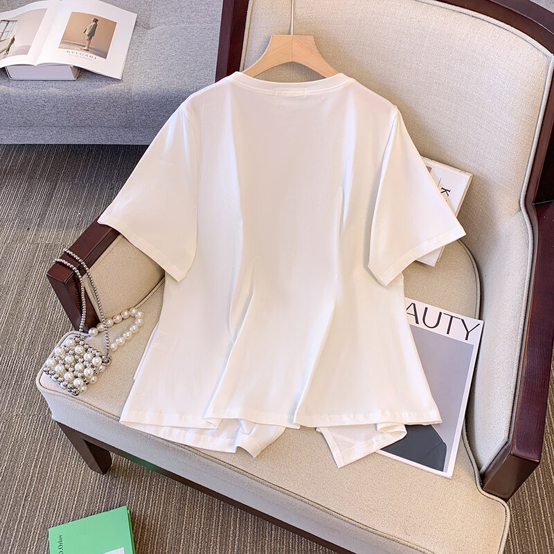 Kaus kasual musim panas wanita ukuran besar kain katun hitam dan putih nyaman bersirkulasi gaya Cina desain asimetris