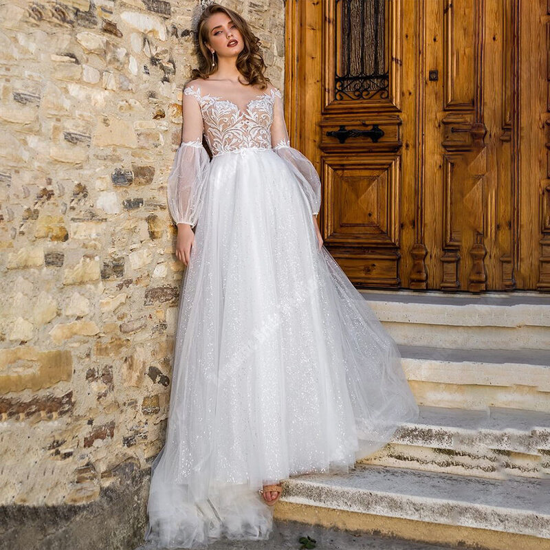 女性のためのロマンチックなチュールの結婚式のドレス,ロングスリーブ,裸の背中の長さ,プリンセス,純粋な白,2024
