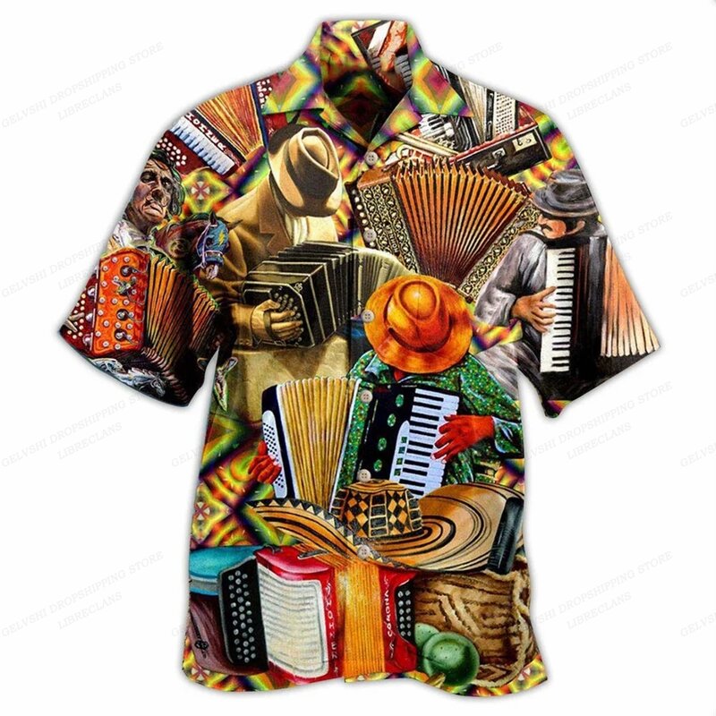 Гавайская музыкальная рубашка, мужские Модные Повседневные рубашки с коротким рукавом, Пляжная блузка, Мужская одежда, рубашки для кемпинга с отложным воротником