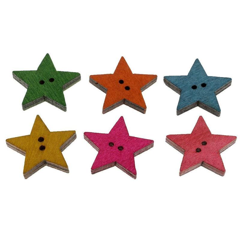 50 Pieces Mixed Star Shapes Wood Buttons 2 Holes for Scrapbooking Craft