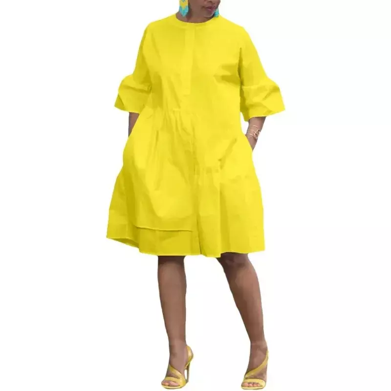 Baju Afrika Dashiki gaun Midi warna polos leher-o poliester lengan pendek Afrika seksi musim panas gaun Afrika untuk wanita S-3XL