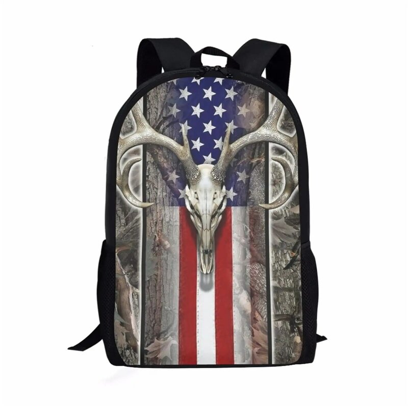 Mochila de ombro multifuncional para crianças, bandeira americana com veados de caça, mochila casual animal, escola primária, série