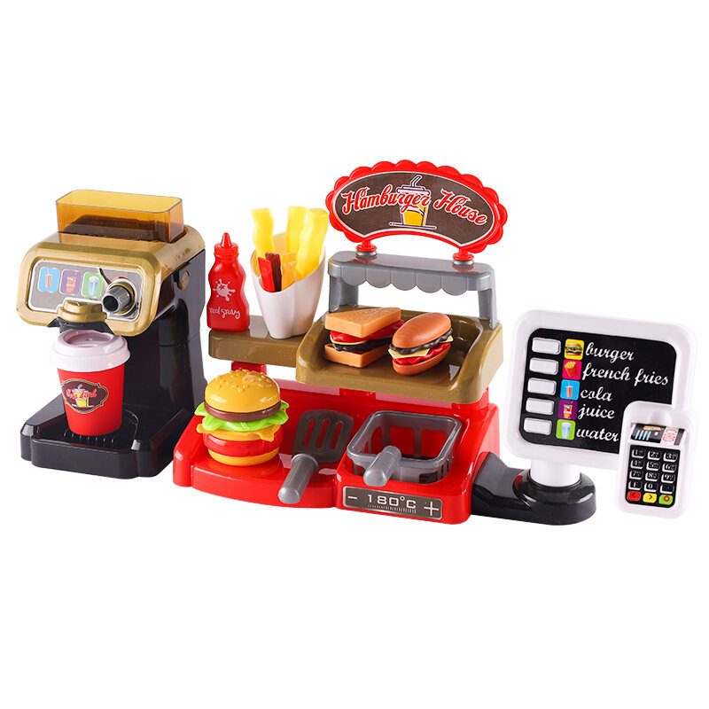 Kid Play House Game Kitchen Fast Food Restaurant Burger Fries Dessert Coffee Machine Cashier Set Mini Educational Role Play Toys