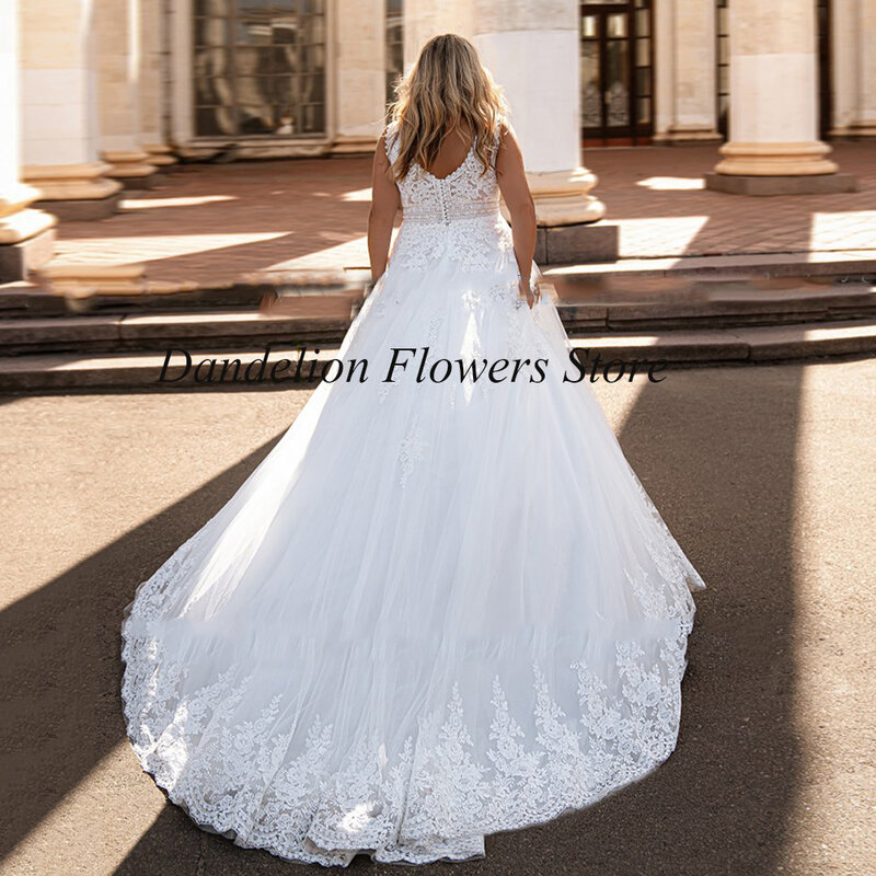 Gaun pernikahan ukuran besar kerah V untuk pengantin tanpa lengan Tulle dengan renda Applique gaun pengantin gaun A-Line Sweep Train Robe De mariee