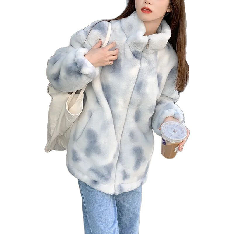 Gravata tintura mulher zíper jaqueta de lã de cordeiro casaco de pele peludo roupas de inverno das mulheres manga longa oversize tops streetwear quente jaqueta