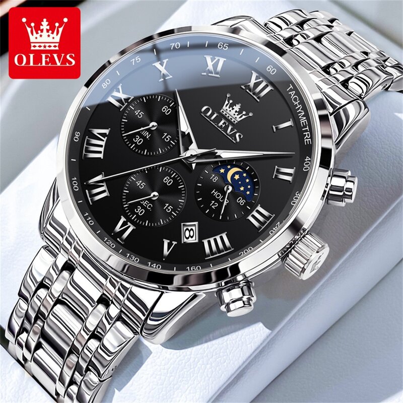 OLEVS-Relógio de quartzo multifuncional masculino, cronógrafo original, fase da lua, tendência impermeável, relógios de marca autêntica para homens