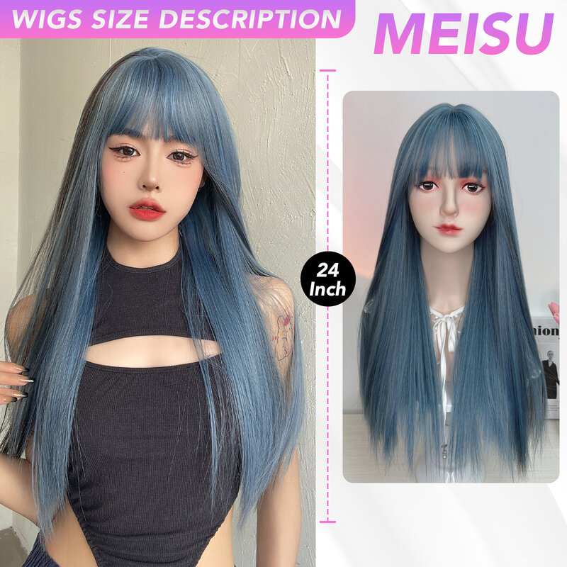 MEISU wig sintetis serat lurus 24 inci, wig abu-abu biru poni udara serat lurus tahan panas alami pesta atau Selfie untuk penggunaan sehari-hari wanita