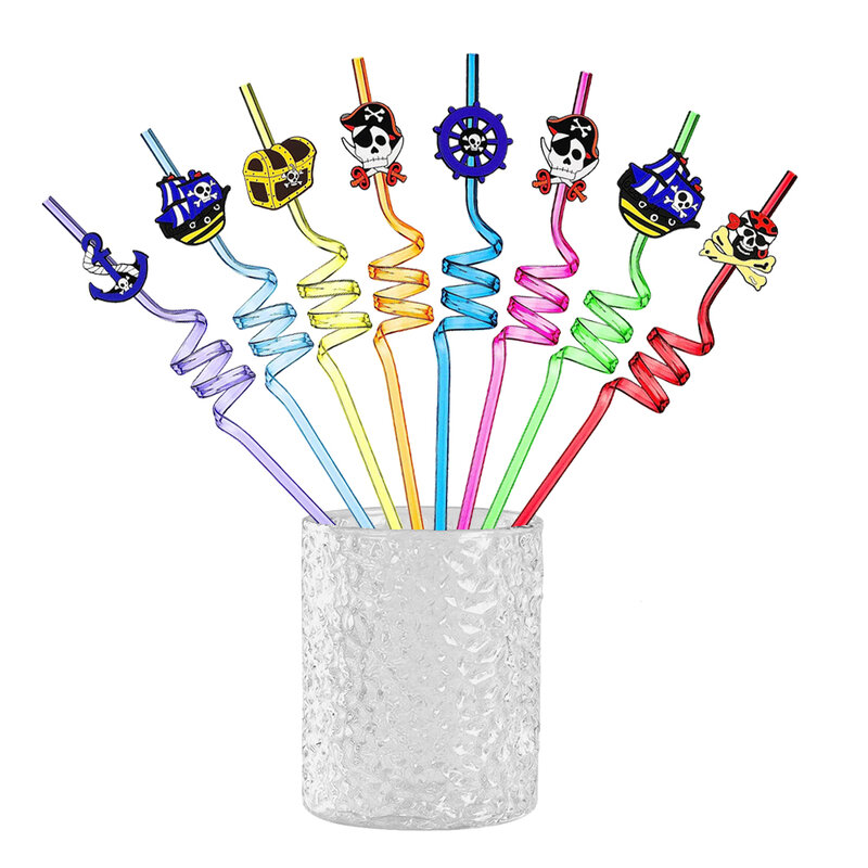 6Pcs Pirate Straws reusable Pirate skull shape drinking Straws Kids Caribbean Pirate themed party birthday decoration Straw gift