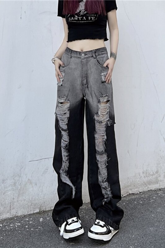 Jeans con buco alla moda per l'estate delle donne nuovi pantaloni a gamba larga in Denim lavato Versatile a vita alta