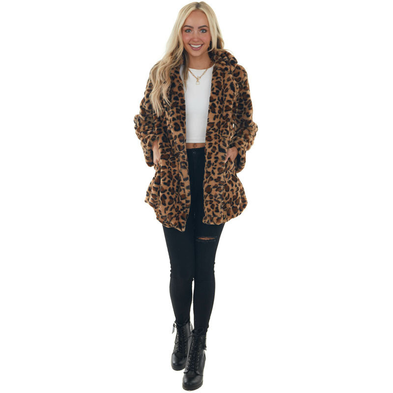 Autumn Winter Leopard Print Mid Length Jacket Top Women Fashion Temperament Imitation Parka Coat Loose Plush Women Outerwear