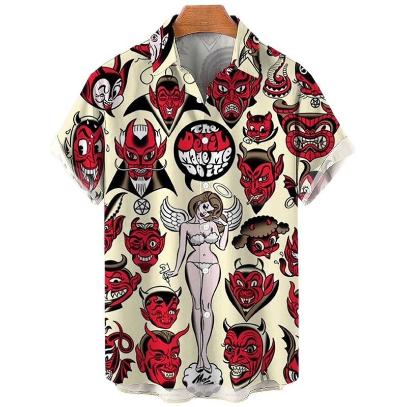 Camisa havaiana estampada dos desenhos animados dos homens, Anjo Demônio, Planta 3D, Camisa de praia, Verão, 2022